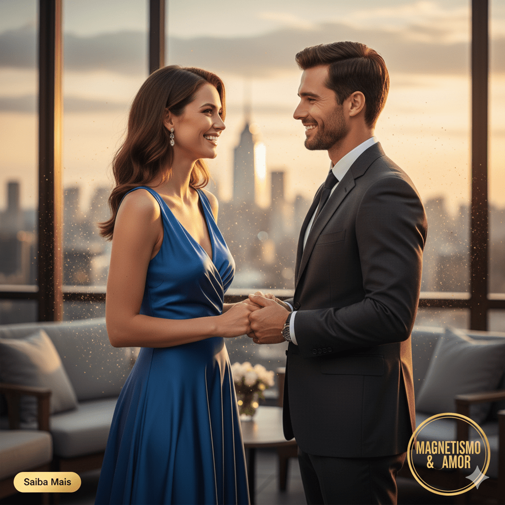 Mulher magnética e confiante em um encontro com homem elegante expressando conexão e atração.