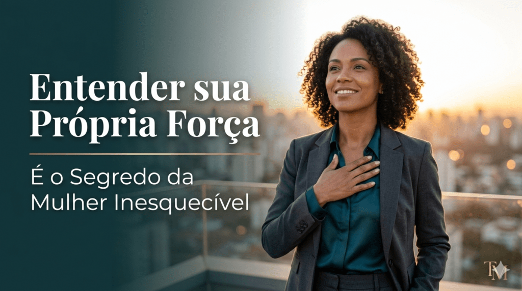 Mulher confiante e elegante em um rooftop ao pôr do sol, abraçando a si mesma, representando que entender sua própria força é o segredo para ser inesquecível.