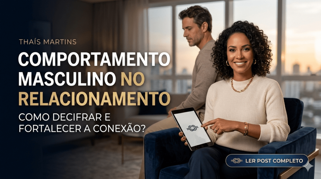 Mentora Thaís Martins explicando sobre comportamento masculino no relacionamento em um ambiente sofisticado.